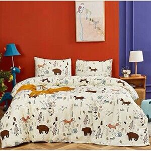 Full/Queen 3 Pc Comforter Set Fox Woodland Animal Cotton Kids' Quilt Yellow